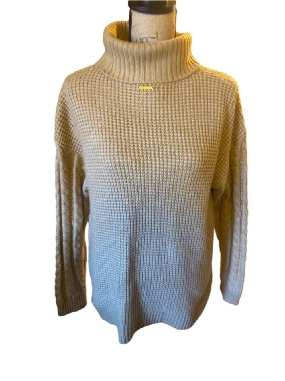 MICHAEL Kors Cable Knit Turtle Neck with Braided Sleeves, Sand, Size L